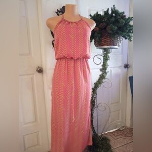 City Studio Women's Juniors Pink/Lime Halter Neck Sleeveless Gown Dress Size L